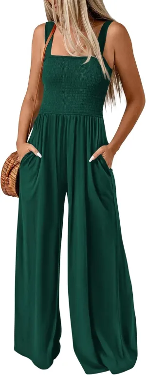 KIRUNDO Womens Jumpsuit 2025 Summer Casual Loose One Piece Overalls Smocked Sleeveless Wide Leg Rompers With Pockets