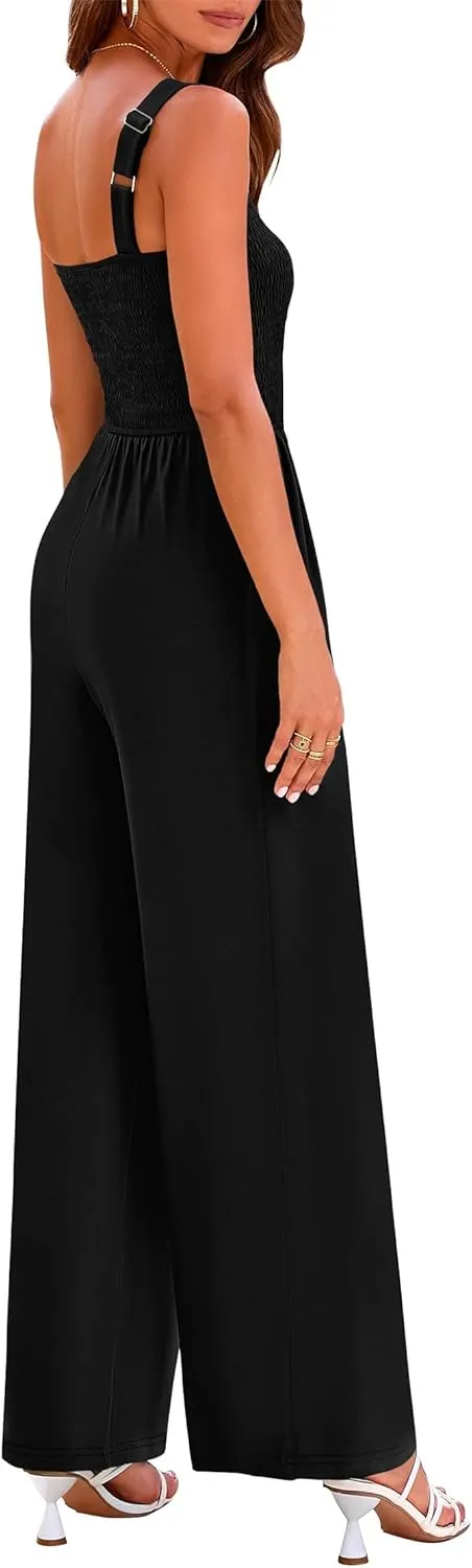 KIRUNDO Womens Jumpsuit 2025 Summer Casual Loose One Piece Overalls Smocked Sleeveless Wide Leg Rompers With Pockets