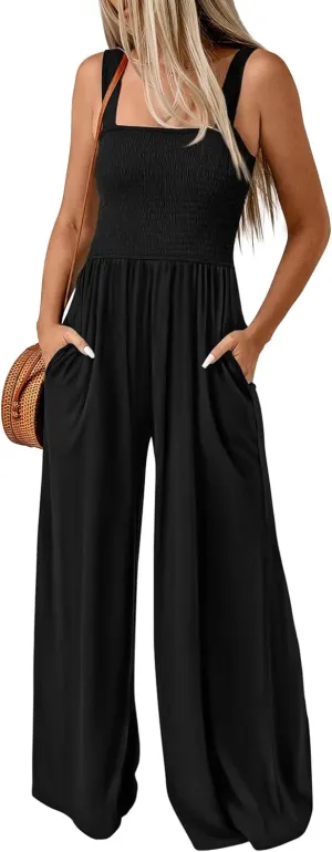 KIRUNDO Womens Jumpsuit 2025 Summer Casual Loose One Piece Overalls Smocked Sleeveless Wide Leg Rompers With Pockets