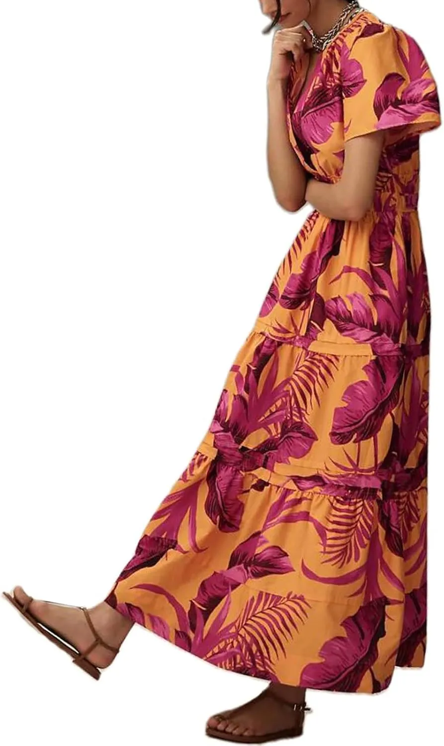 KMBANGI Women Flutter Sleeve Maxi Dress Boho Smocked Sundress Floral Printed Short Sleeve Tiered Ruffle Long Beach Dress