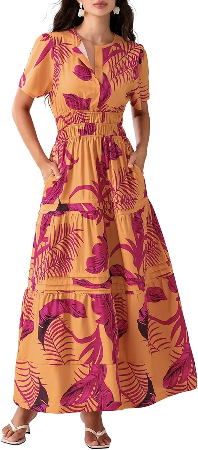 KMBANGI Women Flutter Sleeve Maxi Dress Boho Smocked Sundress Floral Printed Short Sleeve Tiered Ruffle Long Beach Dress