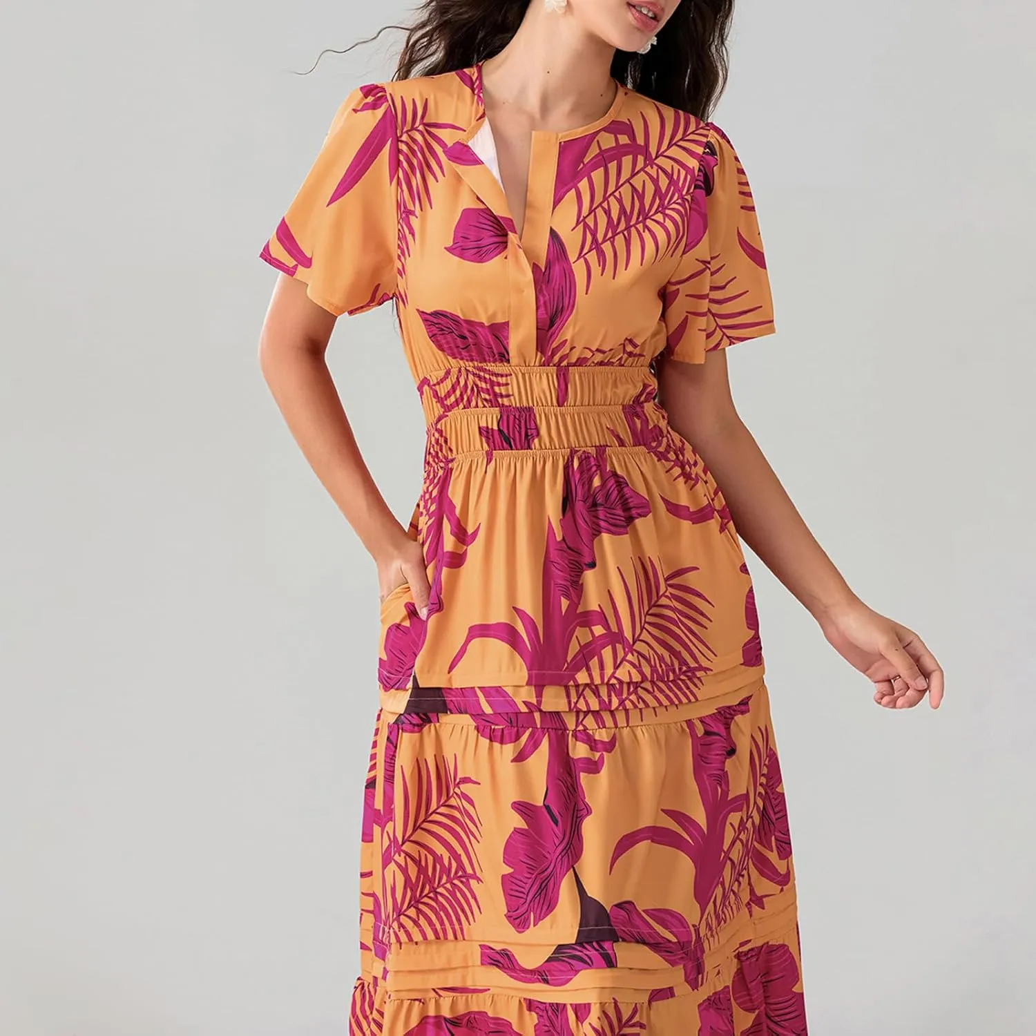 KMBANGI Women Flutter Sleeve Maxi Dress Boho Smocked Sundress Floral Printed Short Sleeve Tiered Ruffle Long Beach Dress