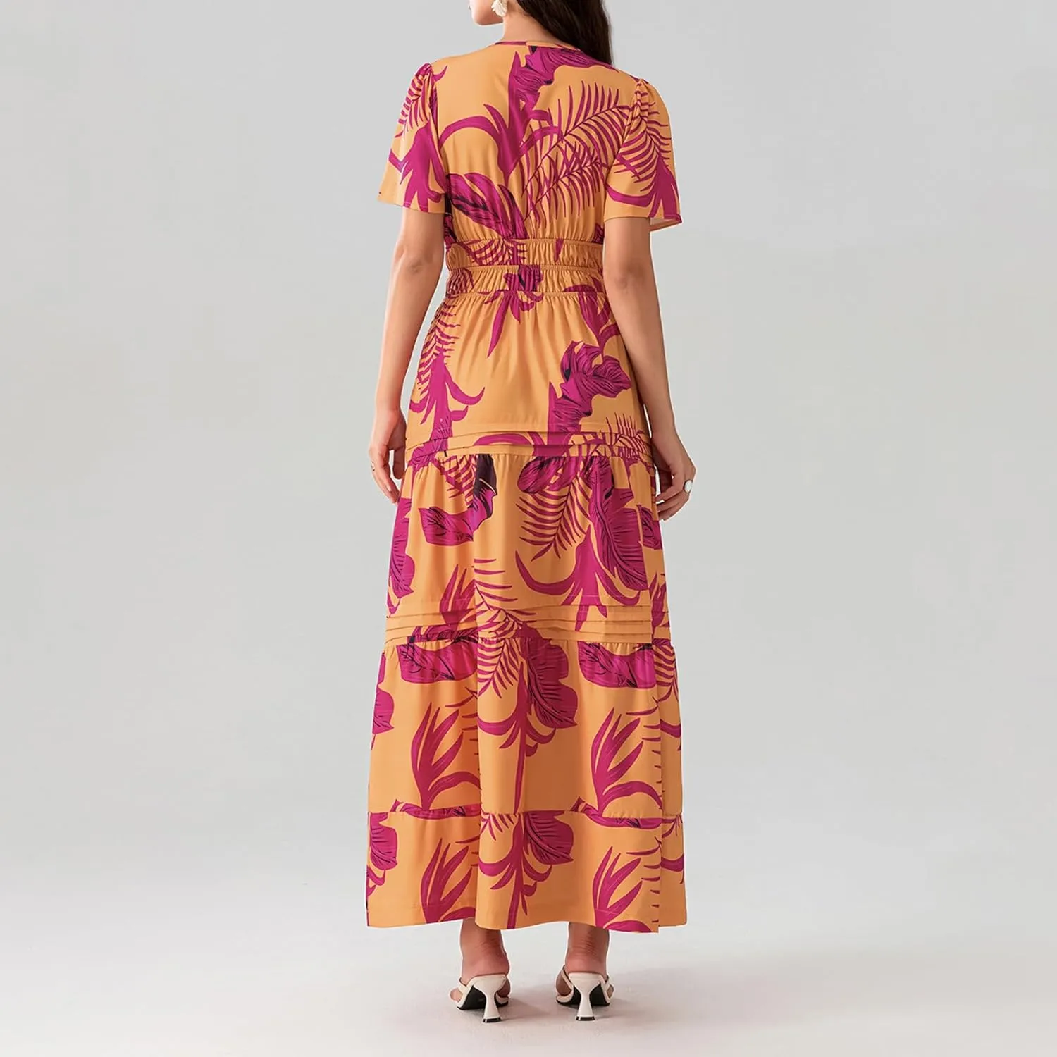 KMBANGI Women Flutter Sleeve Maxi Dress Boho Smocked Sundress Floral Printed Short Sleeve Tiered Ruffle Long Beach Dress