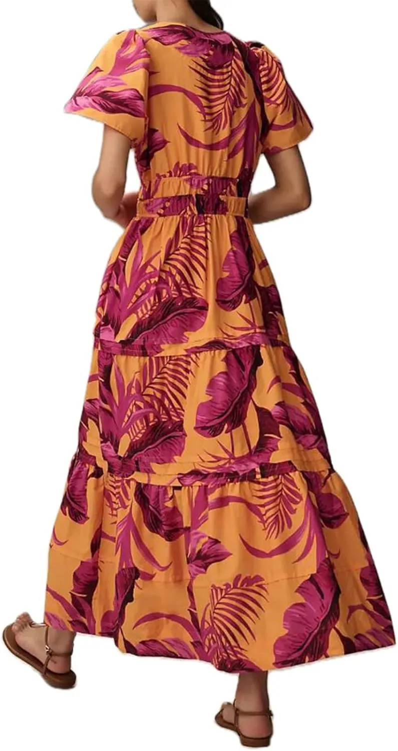 KMBANGI Women Flutter Sleeve Maxi Dress Boho Smocked Sundress Floral Printed Short Sleeve Tiered Ruffle Long Beach Dress