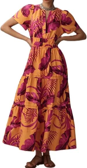 KMBANGI Women Flutter Sleeve Maxi Dress Boho Smocked Sundress Floral Printed Short Sleeve Tiered Ruffle Long Beach Dress
