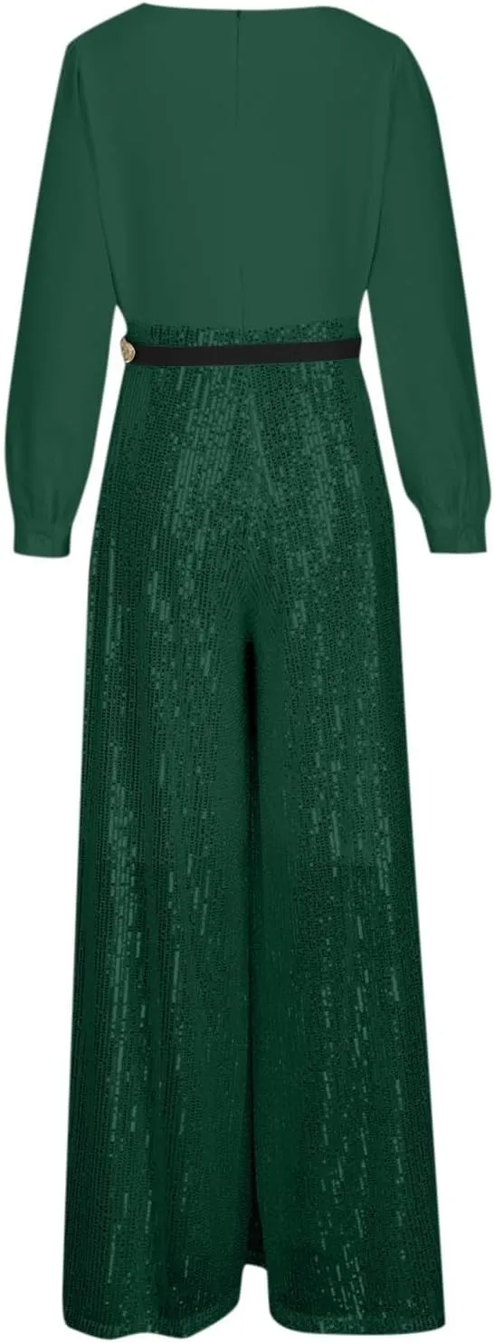Ladies Overalls Jumpsuits Pants Romper for Women Dressy Sequin Sparkle Flare Wide Leg Fall Summer Overalls 2025