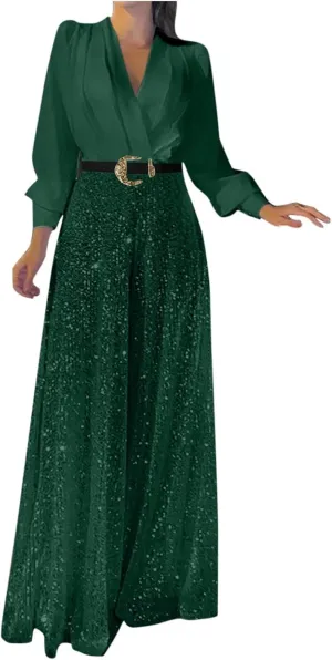 Ladies Overalls Jumpsuits Pants Romper for Women Dressy Sequin Sparkle Flare Wide Leg Fall Summer Overalls 2025