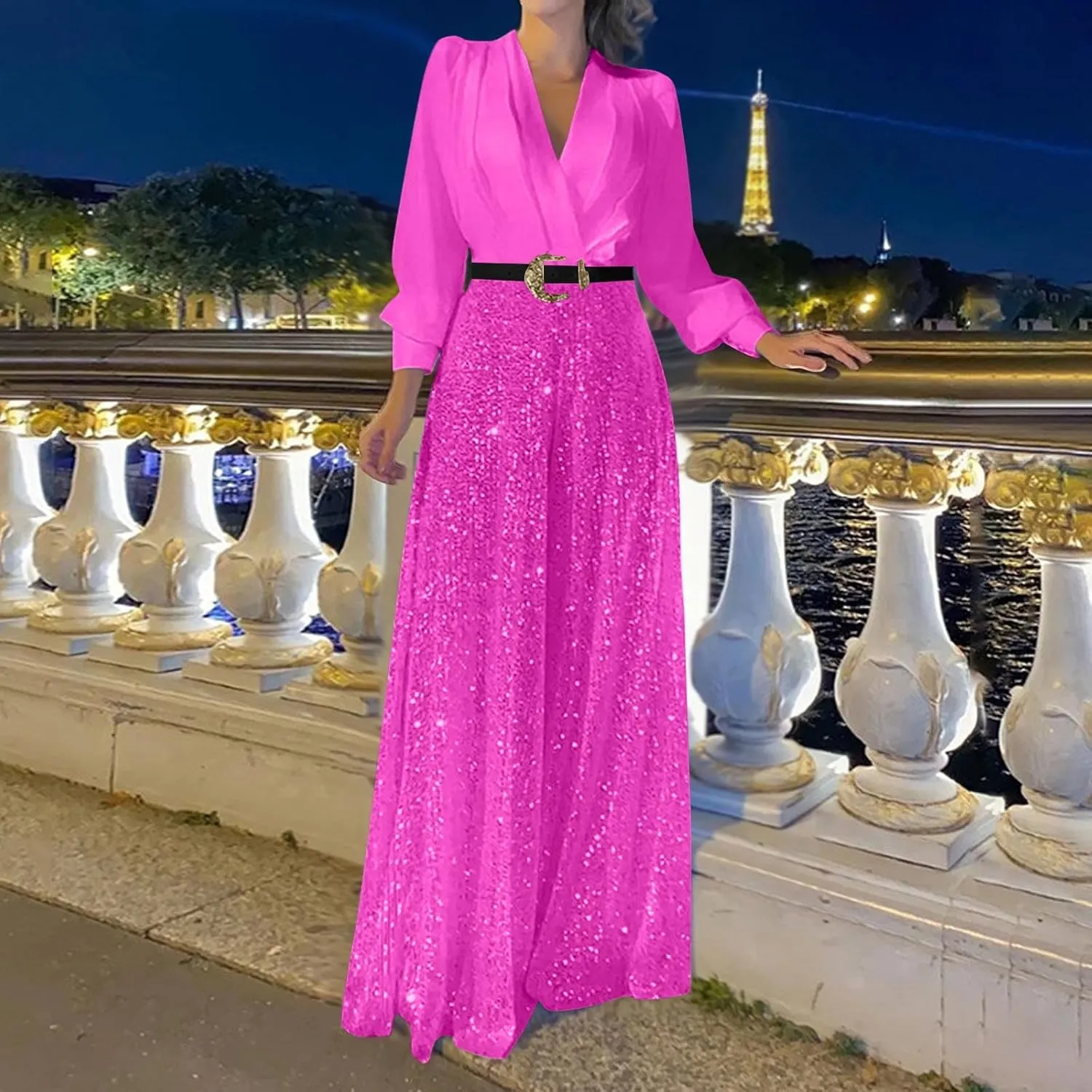 Ladies Overalls Jumpsuits Pants Romper for Women Dressy Sequin Sparkle Flare Wide Leg Fall Summer Overalls 2025
