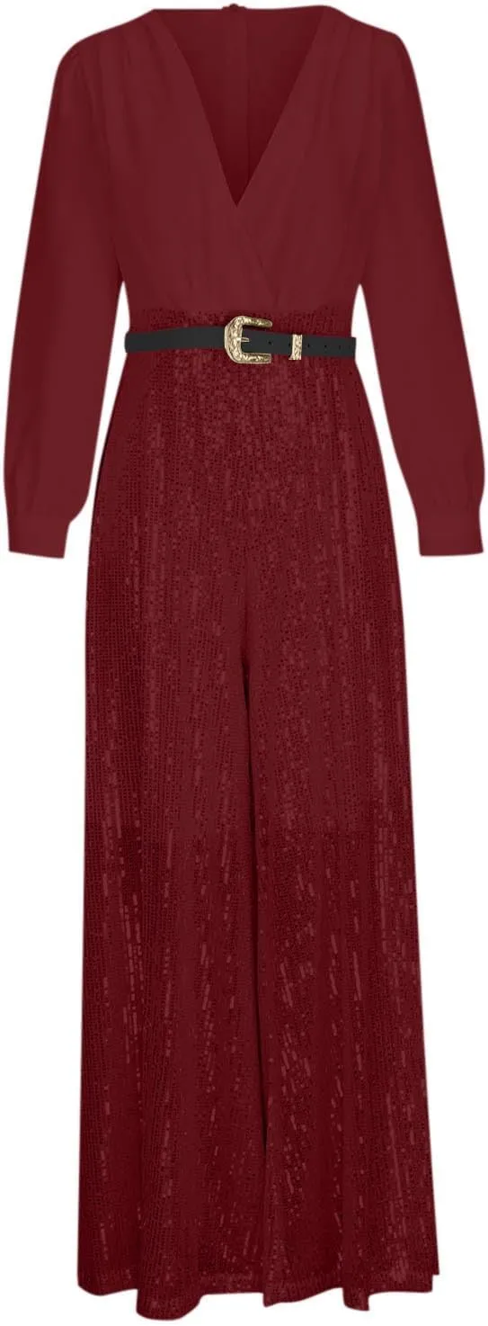 Ladies Overalls Jumpsuits Pants Romper for Women Dressy Sequin Sparkle Flare Wide Leg Fall Summer Overalls 2025