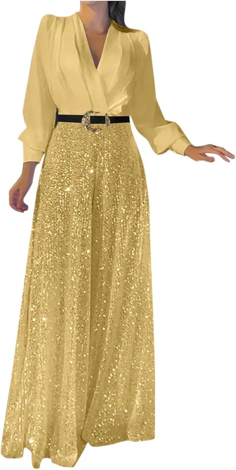 Ladies Overalls Jumpsuits Pants Romper for Women Dressy Sequin Sparkle Flare Wide Leg Fall Summer Overalls 2025
