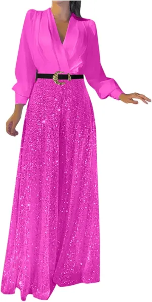 Ladies Overalls Jumpsuits Pants Romper for Women Dressy Sequin Sparkle Flare Wide Leg Fall Summer Overalls 2025