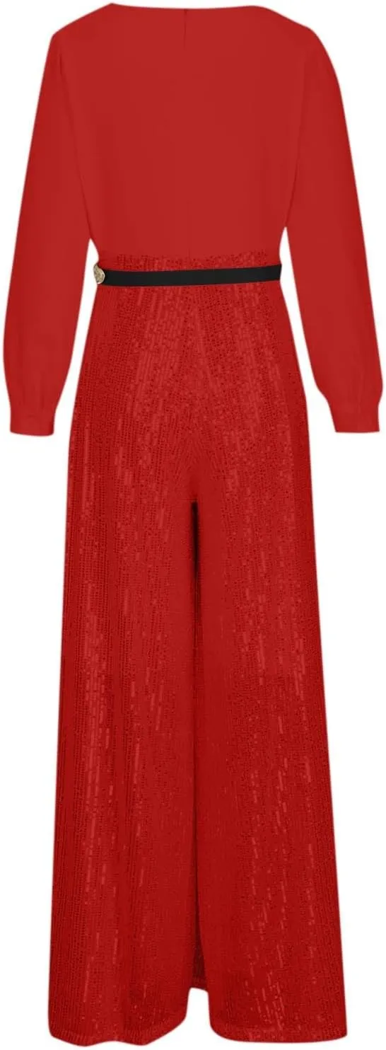 Ladies Overalls Jumpsuits Pants Romper for Women Dressy Sequin Sparkle Flare Wide Leg Fall Summer Overalls 2025