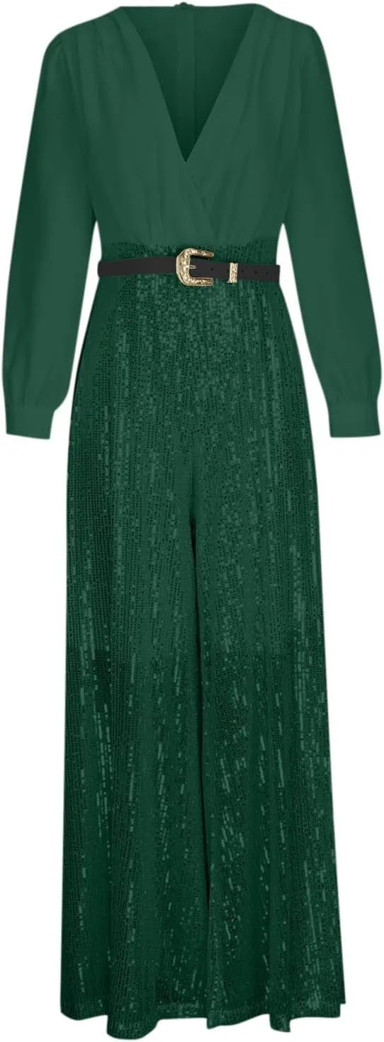 Ladies Overalls Jumpsuits Pants Romper for Women Dressy Sequin Sparkle Flare Wide Leg Fall Summer Overalls 2025