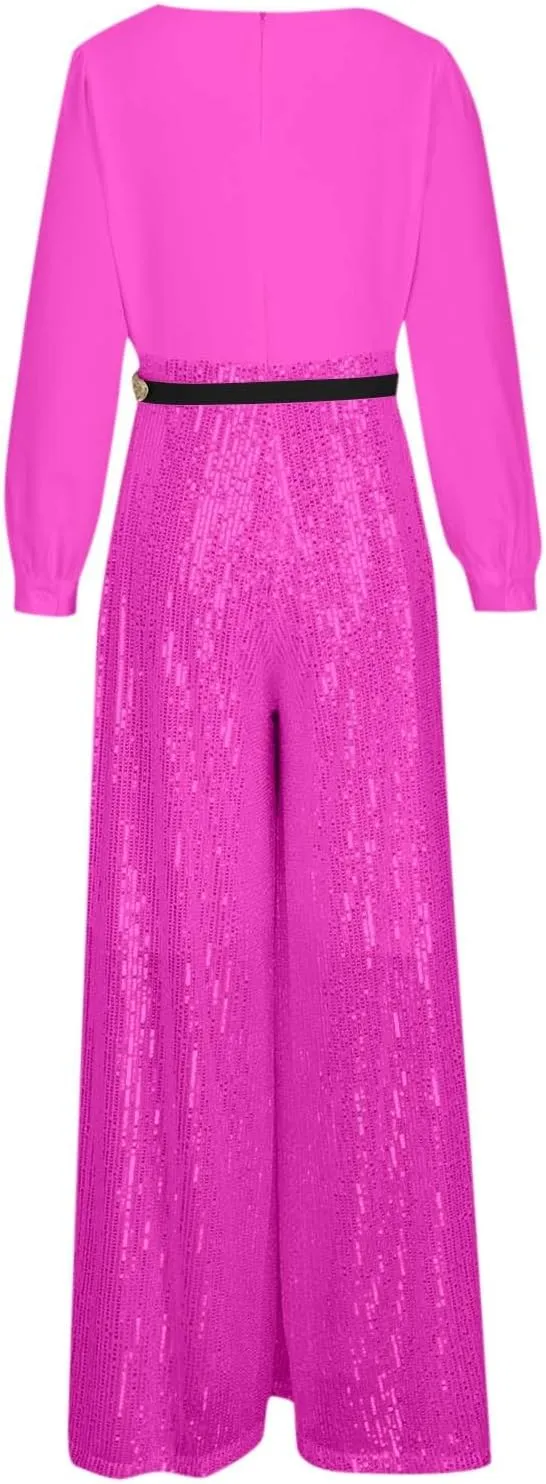 Ladies Overalls Jumpsuits Pants Romper for Women Dressy Sequin Sparkle Flare Wide Leg Fall Summer Overalls 2025