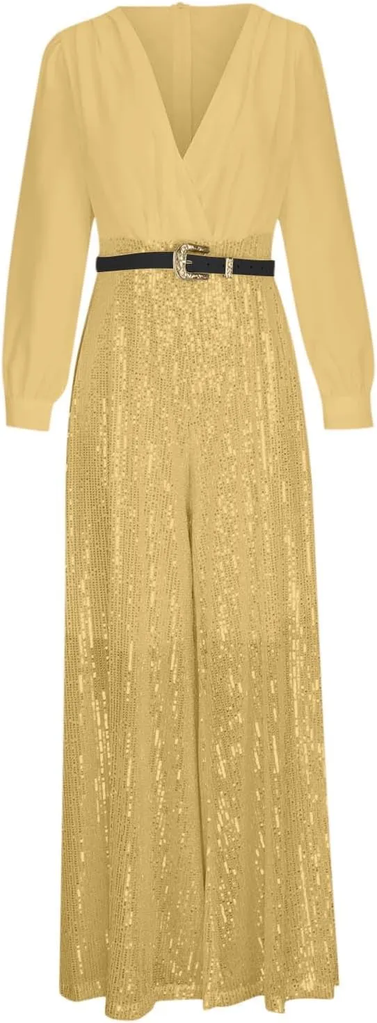 Ladies Overalls Jumpsuits Pants Romper for Women Dressy Sequin Sparkle Flare Wide Leg Fall Summer Overalls 2025