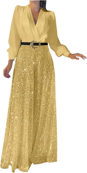 Ladies Overalls Jumpsuits Pants Romper for Women Dressy Sequin Sparkle Flare Wide Leg Fall Summer Overalls 2025