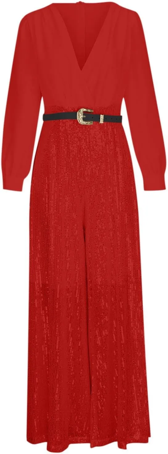 Ladies Overalls Jumpsuits Pants Romper for Women Dressy Sequin Sparkle Flare Wide Leg Fall Summer Overalls 2025