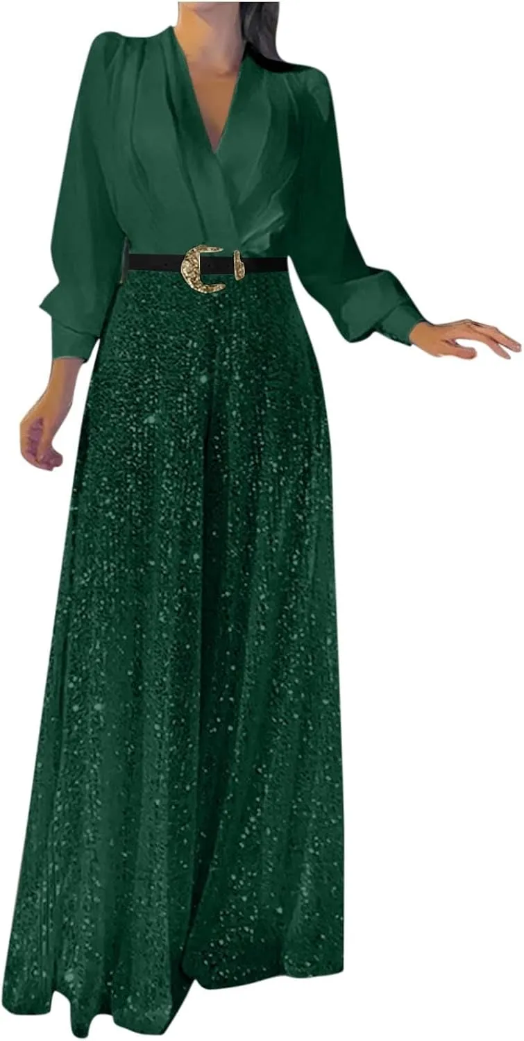 Ladies Overalls Jumpsuits Pants Romper for Women Dressy Sequin Sparkle Flare Wide Leg Fall Summer Overalls 2025