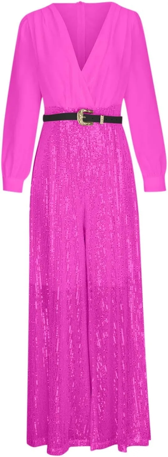 Ladies Overalls Jumpsuits Pants Romper for Women Dressy Sequin Sparkle Flare Wide Leg Fall Summer Overalls 2025
