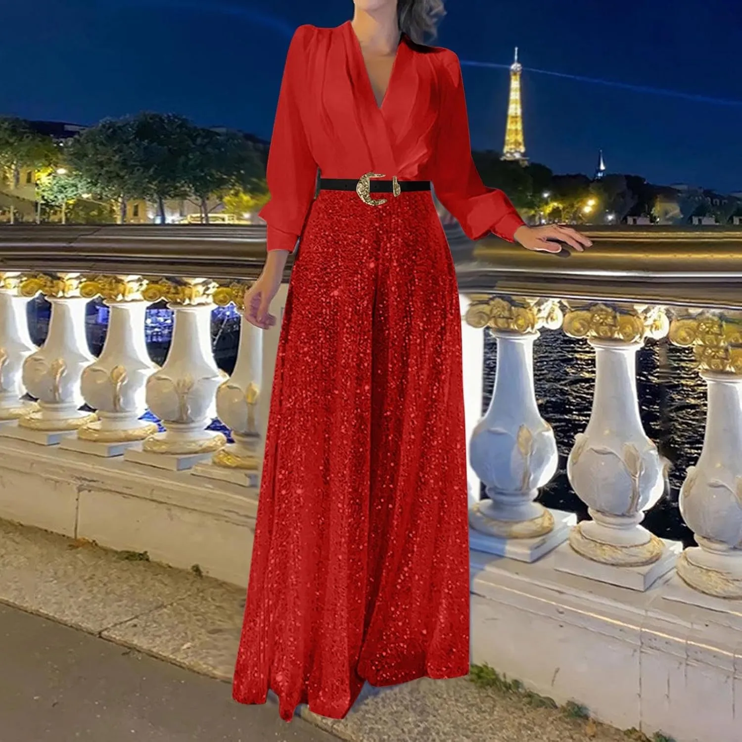 Ladies Overalls Jumpsuits Pants Romper for Women Dressy Sequin Sparkle Flare Wide Leg Fall Summer Overalls 2025