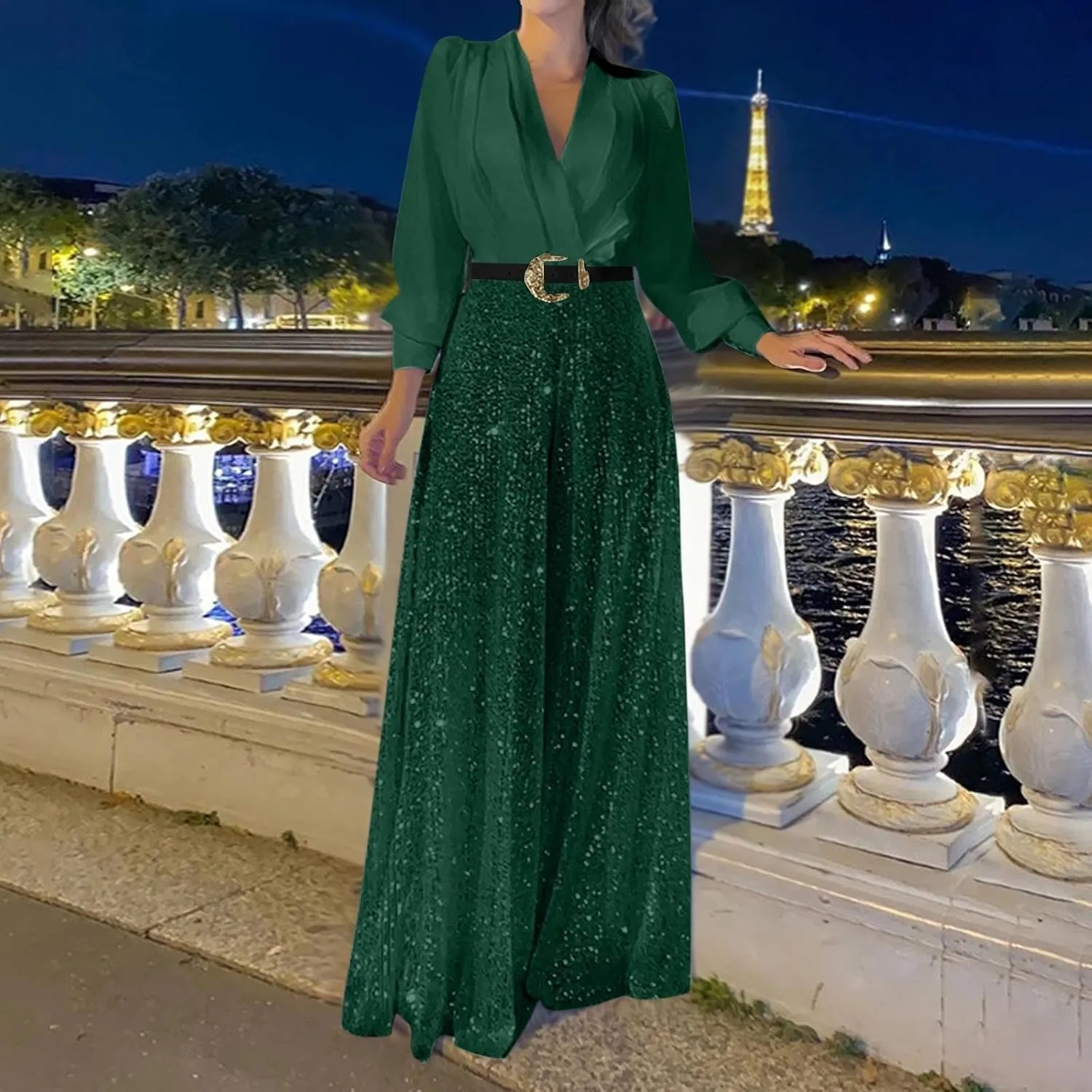 Ladies Overalls Jumpsuits Pants Romper for Women Dressy Sequin Sparkle Flare Wide Leg Fall Summer Overalls 2025