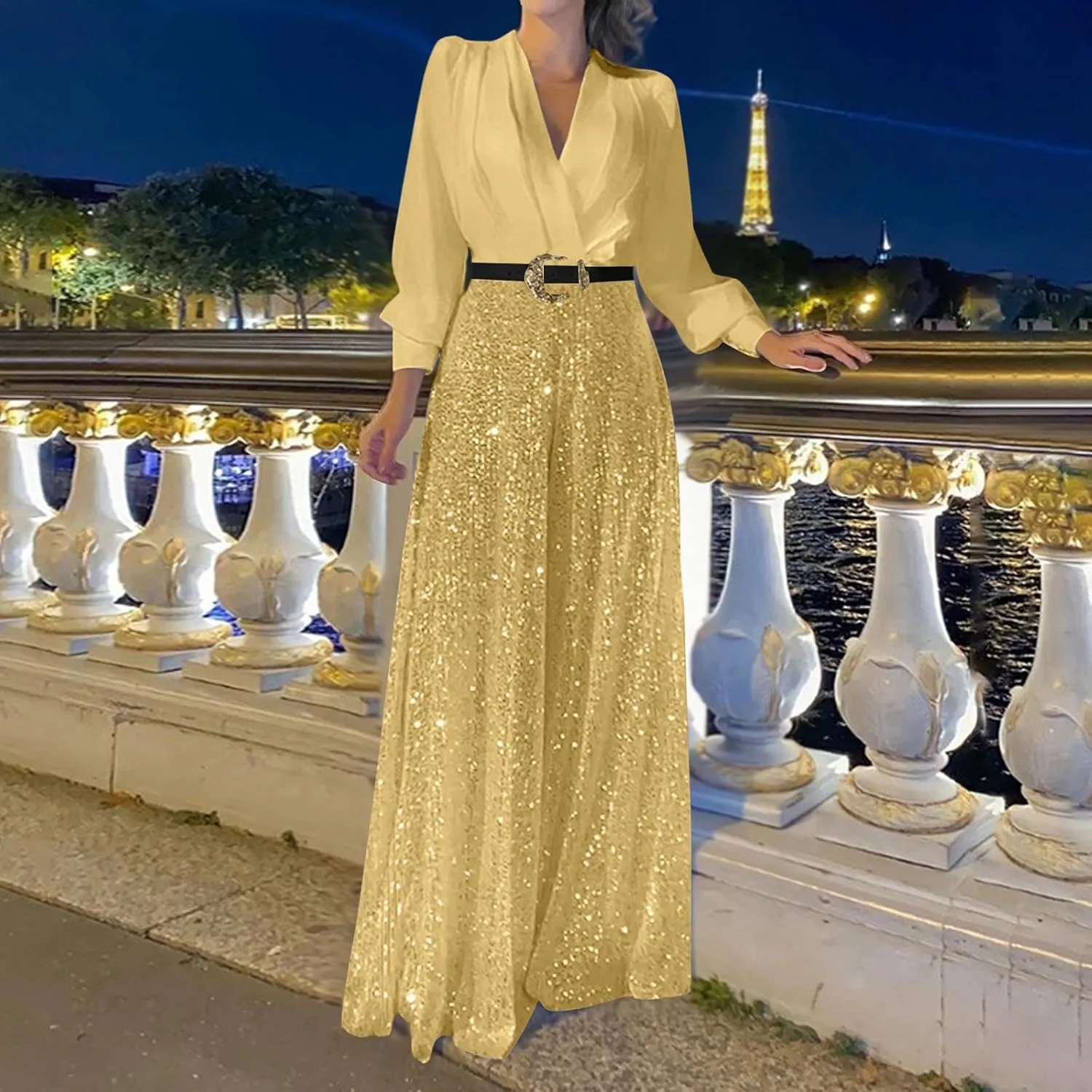 Ladies Overalls Jumpsuits Pants Romper for Women Dressy Sequin Sparkle Flare Wide Leg Fall Summer Overalls 2025