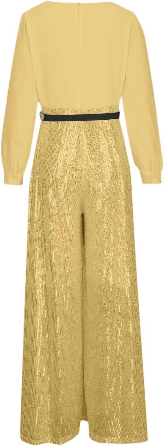 Ladies Overalls Jumpsuits Pants Romper for Women Dressy Sequin Sparkle Flare Wide Leg Fall Summer Overalls 2025