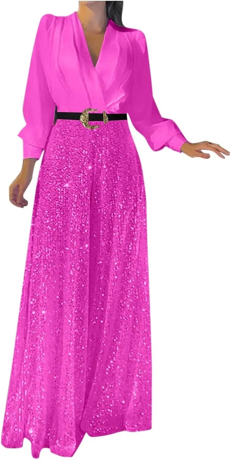 Ladies Overalls Jumpsuits Pants Romper for Women Dressy Sequin Sparkle Flare Wide Leg Fall Summer Overalls 2025