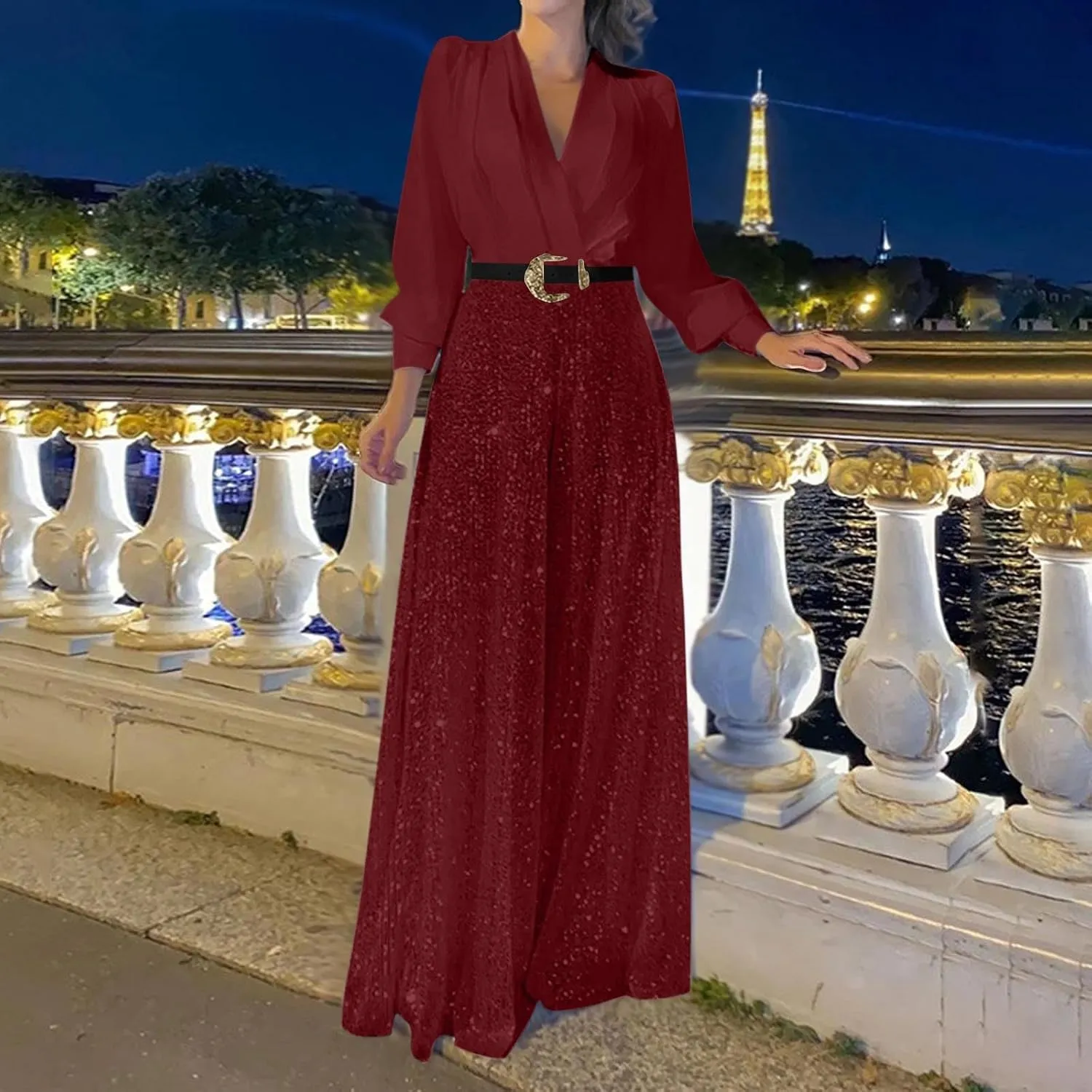 Ladies Overalls Jumpsuits Pants Romper for Women Dressy Sequin Sparkle Flare Wide Leg Fall Summer Overalls 2025