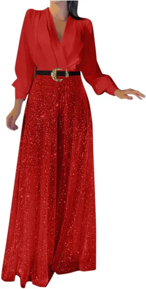 Ladies Overalls Jumpsuits Pants Romper for Women Dressy Sequin Sparkle Flare Wide Leg Fall Summer Overalls 2025