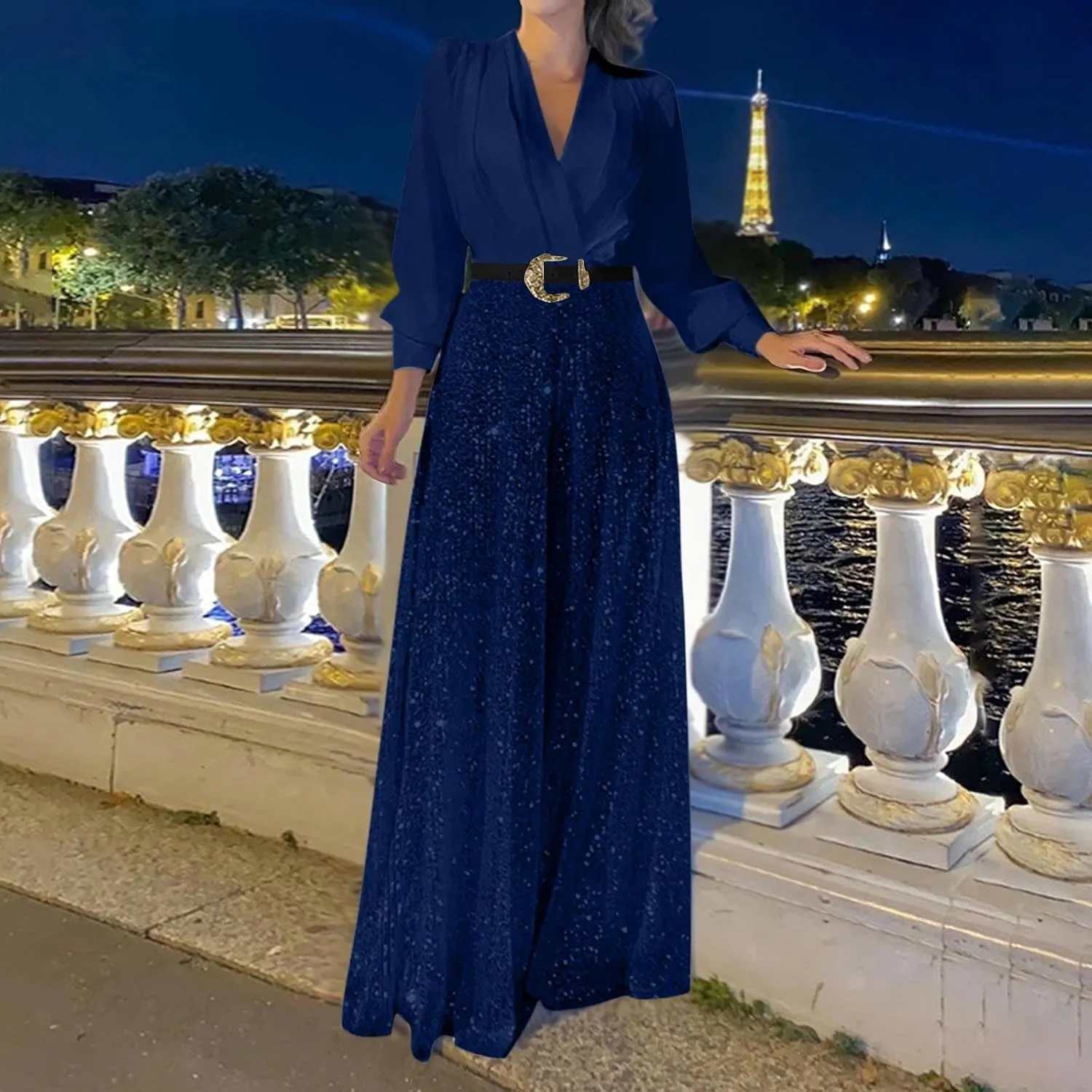 Ladies Overalls Jumpsuits Pants Romper for Women Dressy Sequin Sparkle Flare Wide Leg Fall Summer Overalls 2025