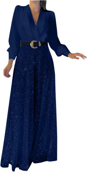 Ladies Overalls Jumpsuits Pants Romper for Women Dressy Sequin Sparkle Flare Wide Leg Fall Summer Overalls 2025