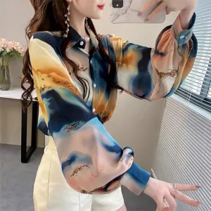 Lantern Sleeve Printed Lapel Button Casual Chiffon Shirt
