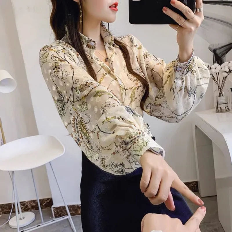 Lantern Sleeve Printed Lapel Button Casual Chiffon Shirt