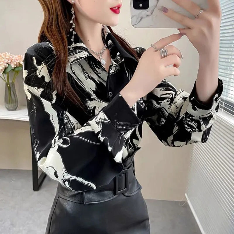 Lantern Sleeve Printed Lapel Button Casual Chiffon Shirt