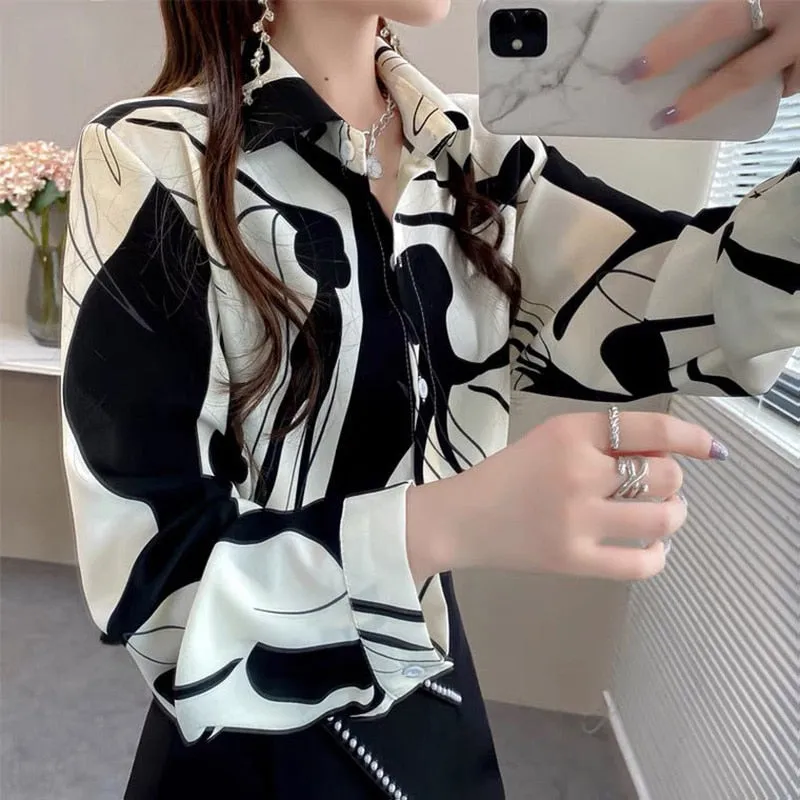 Lantern Sleeve Printed Lapel Button Casual Chiffon Shirt