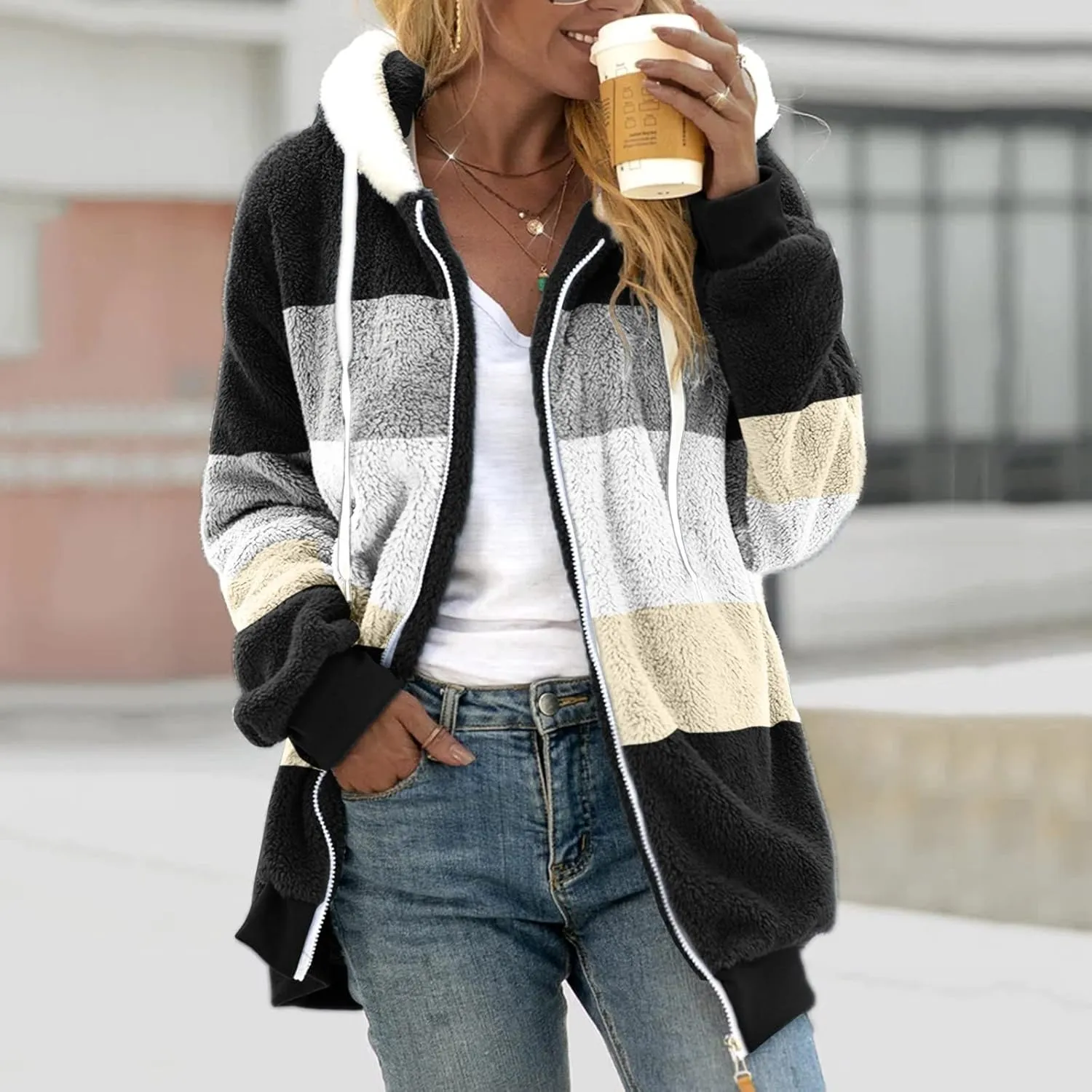 LCMTWX Fuzzy Shaggy Teddy Coats Jacket Cute Hooded Pullover Sweatershirt Solid Artificial Wool Coats Outwear Winter Coat