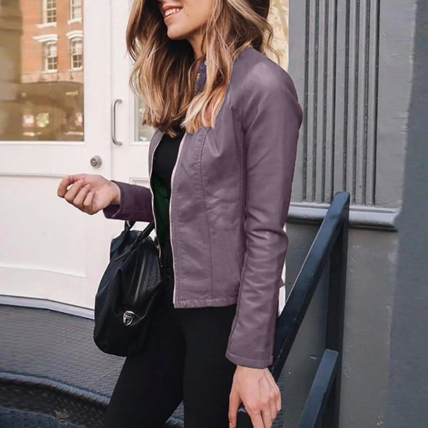 LCMTWX Leather Jacket Full Zip Snap Stand Collar Long Sleeve Outwear Cool Slim Jacket Coat for Vacation Brown Jacket Biker
