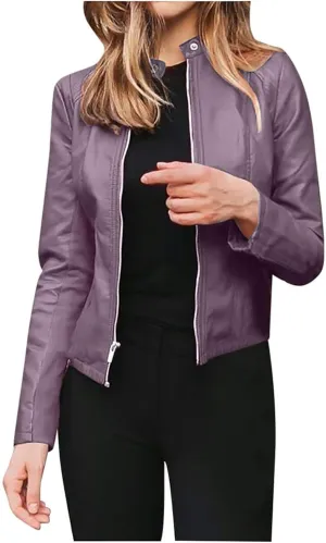 LCMTWX Leather Jacket Full Zip Snap Stand Collar Long Sleeve Outwear Cool Slim Jacket Coat for Vacation Brown Jacket Biker