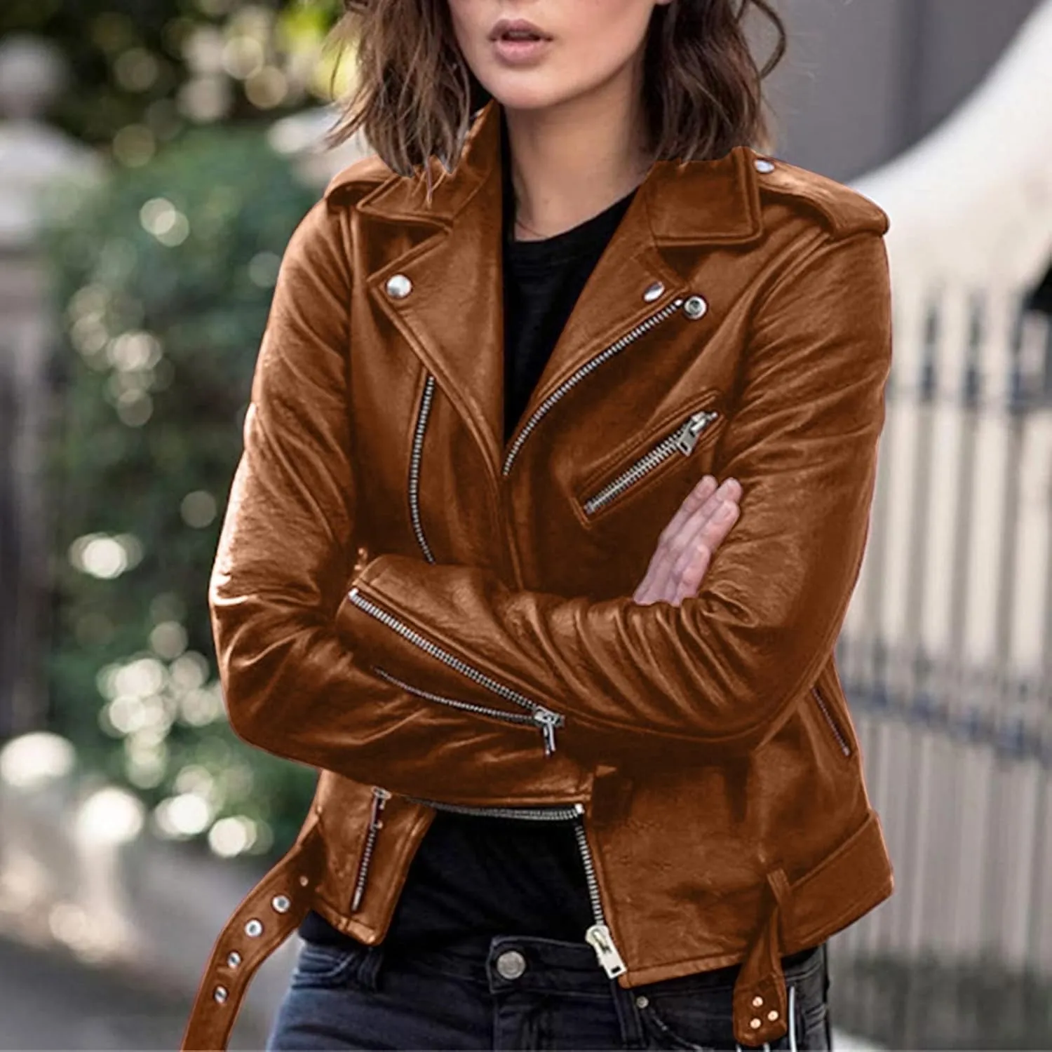 LCMTWX Leather Jacket Full Zip Snap Stand Collar Long Sleeve Outwear Cool Slim Jacket Coat for Vacation Brown Jacket Biker