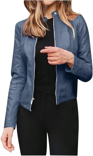 LCMTWX Leather Jacket Full Zip Snap Stand Collar Long Sleeve Outwear Cool Slim Jacket Coat for Vacation Brown Jacket Biker