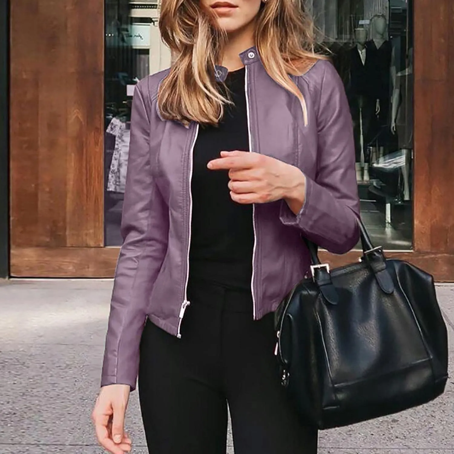 LCMTWX Leather Jacket Full Zip Snap Stand Collar Long Sleeve Outwear Cool Slim Jacket Coat for Vacation Brown Jacket Biker