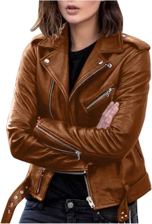 LCMTWX Leather Jacket Full Zip Snap Stand Collar Long Sleeve Outwear Cool Slim Jacket Coat for Vacation Brown Jacket Biker