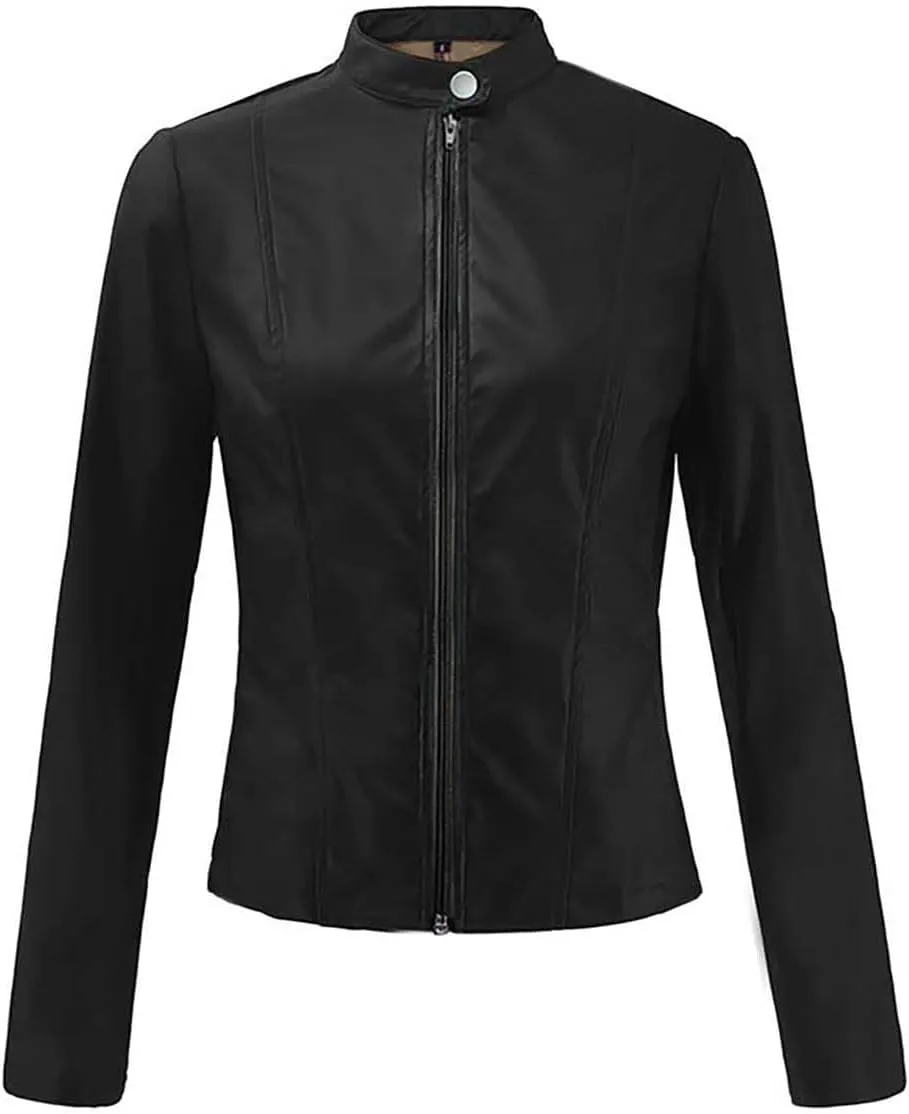 LCMTWX Womens Faux Leather Zip Up Moto Biker Jacket Long Sleeve Outwear Cool Slim Jacket Coat for Vacation Slim Lapel Women