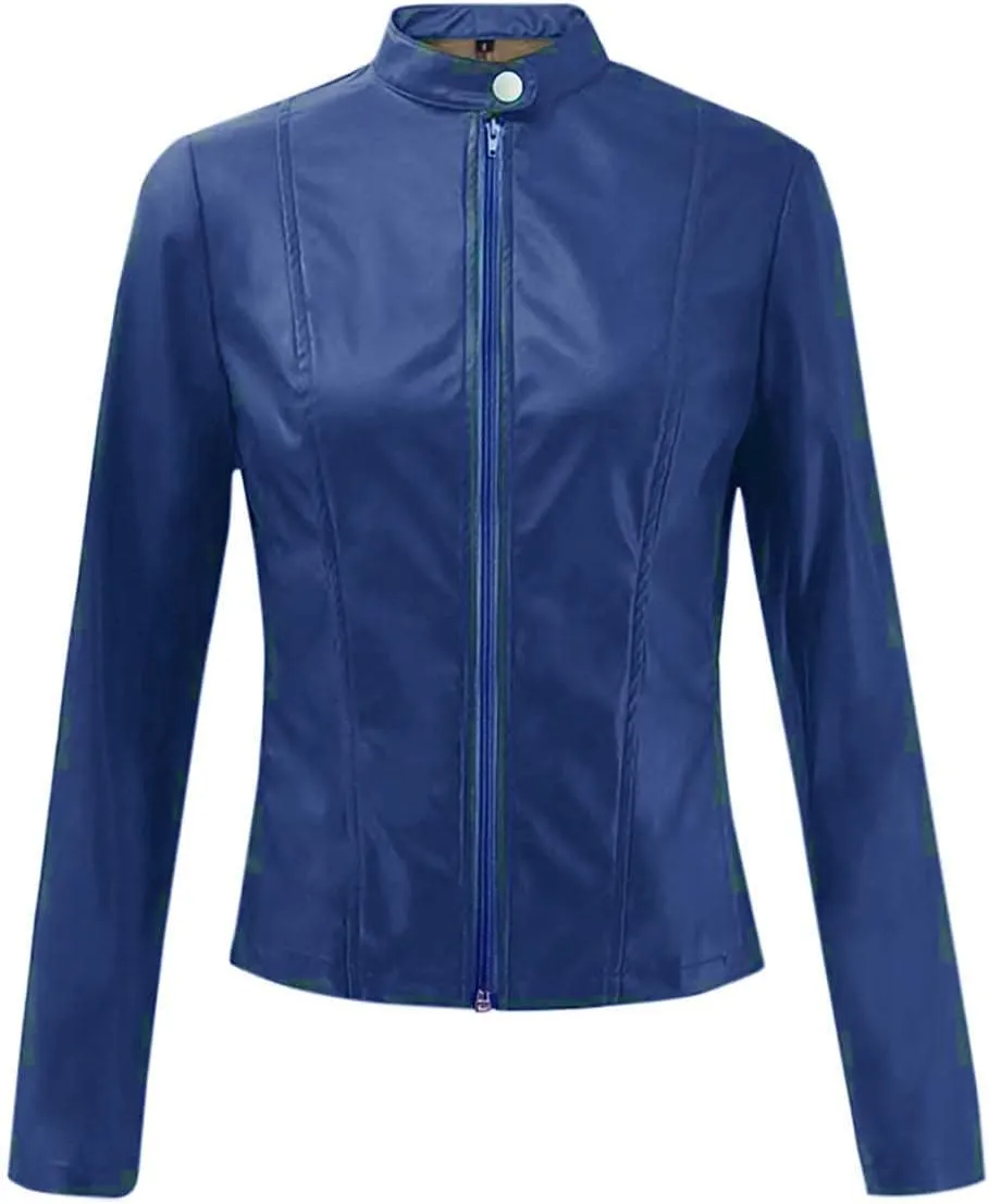 LCMTWX Womens Faux Leather Zip Up Moto Biker Jacket Long Sleeve Outwear Cool Slim Jacket Coat for Vacation Slim Lapel Women