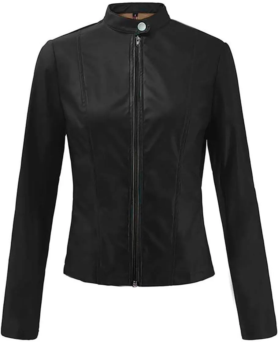 LCMTWX Womens Faux Leather Zip Up Moto Biker Jacket Long Sleeve Outwear Cool Slim Jacket Coat for Vacation Slim Lapel Women