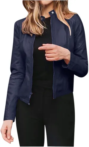 LCMTWX Womens Faux Leather Zip Up Moto Biker Jacket Long Sleeve Outwear Cool Slim Jacket Coat for Vacation Slim Lapel Women
