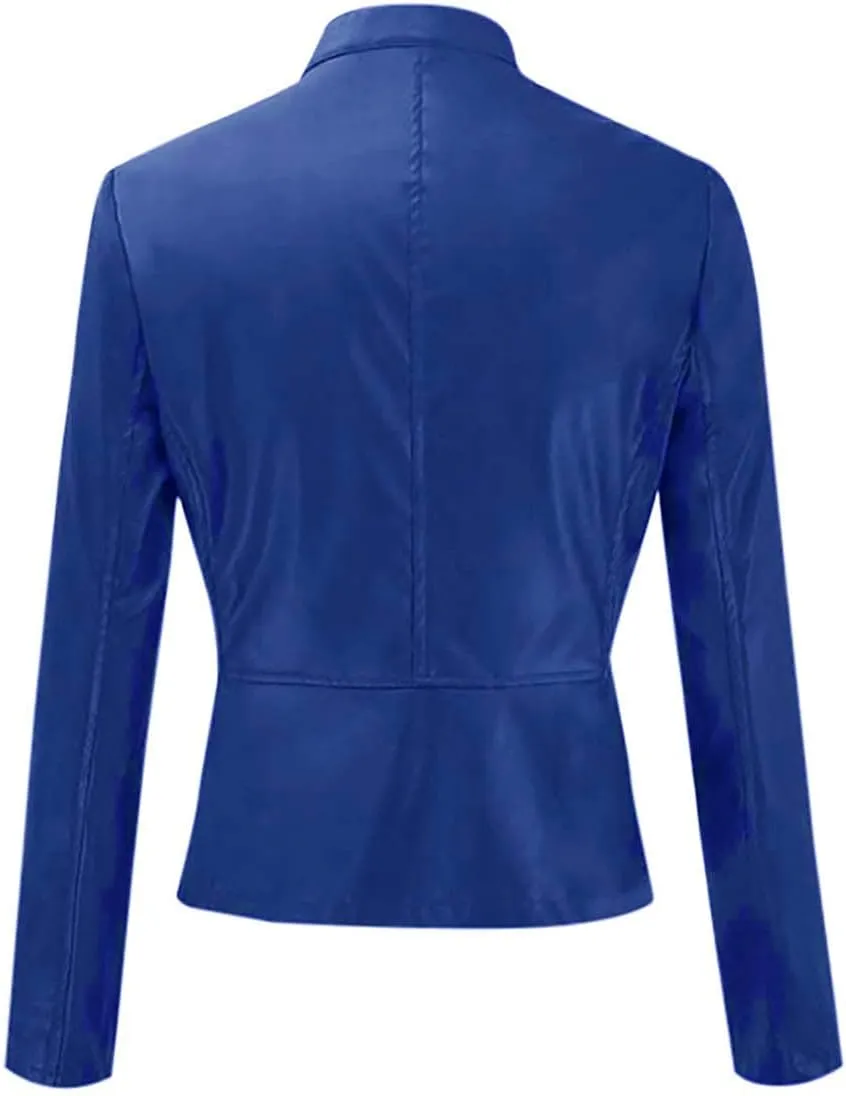 LCMTWX Womens Faux Leather Zip Up Moto Biker Jacket Long Sleeve Outwear Cool Slim Jacket Coat for Vacation Slim Lapel Women