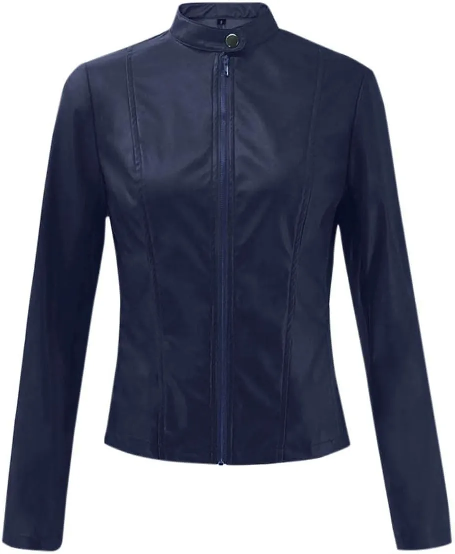 LCMTWX Womens Faux Leather Zip Up Moto Biker Jacket Long Sleeve Outwear Cool Slim Jacket Coat for Vacation Slim Lapel Women