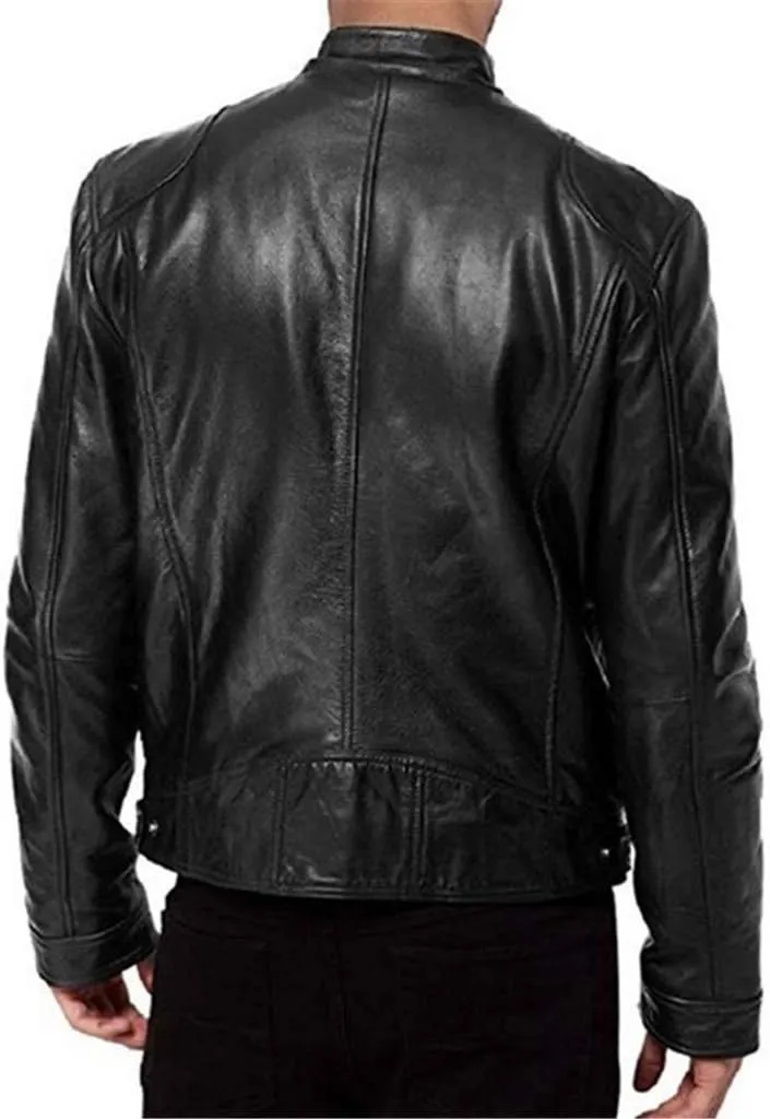 Leather Motorcycle Jacket Casual Solid Color Zipper Pocket Leather Jacket Coat Mens Winter Jackets Textile